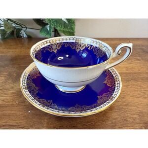 Shelley England Fine‎ Bone China Cup Saucer Cobalt Blue and Gold Filigree 0661